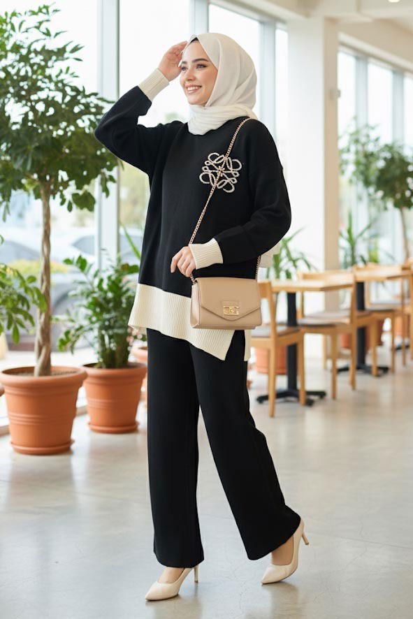 Yırtmaçlı Fitilli Triko İkili Takım - 27954-SIYAH - TOFİSA