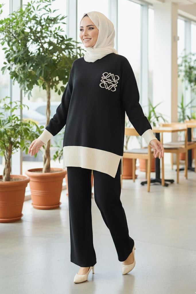 Yırtmaçlı Fitilli Triko İkili Takım - 27954-SIYAH - TOFİSA