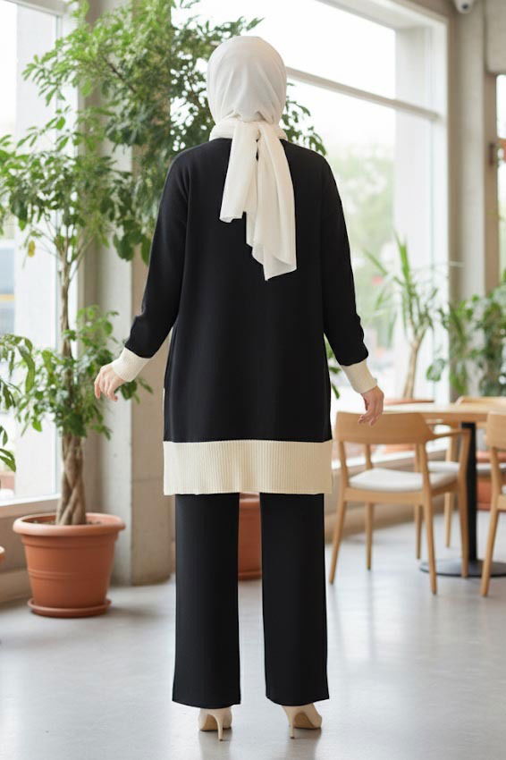 Yırtmaçlı Fitilli Triko İkili Takım - 27954-SIYAH - 3