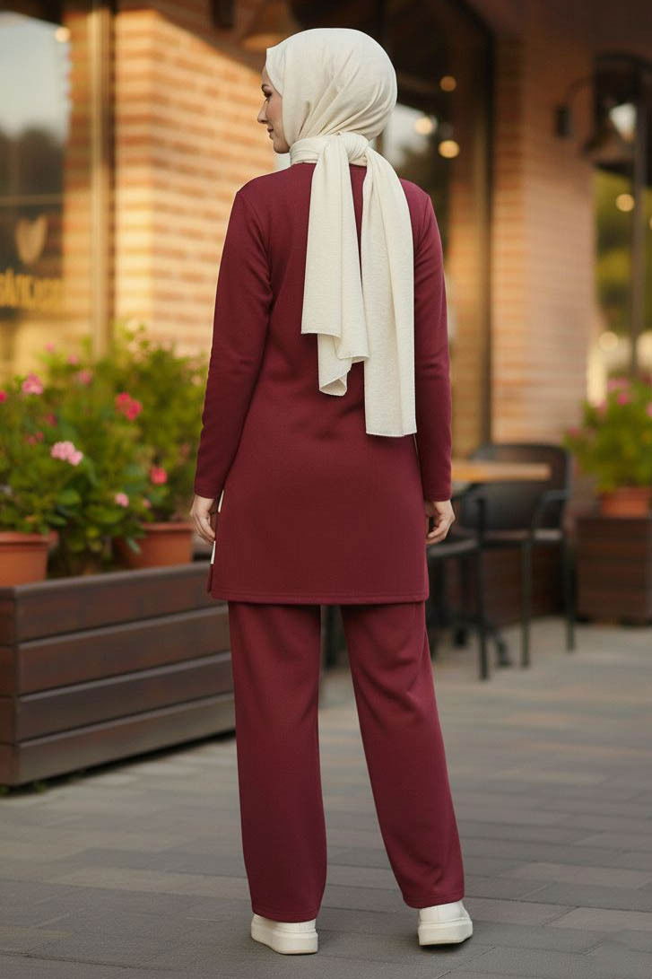 Yırtmaçlı Garnili İkili Takım - 2069-BORDO - 3