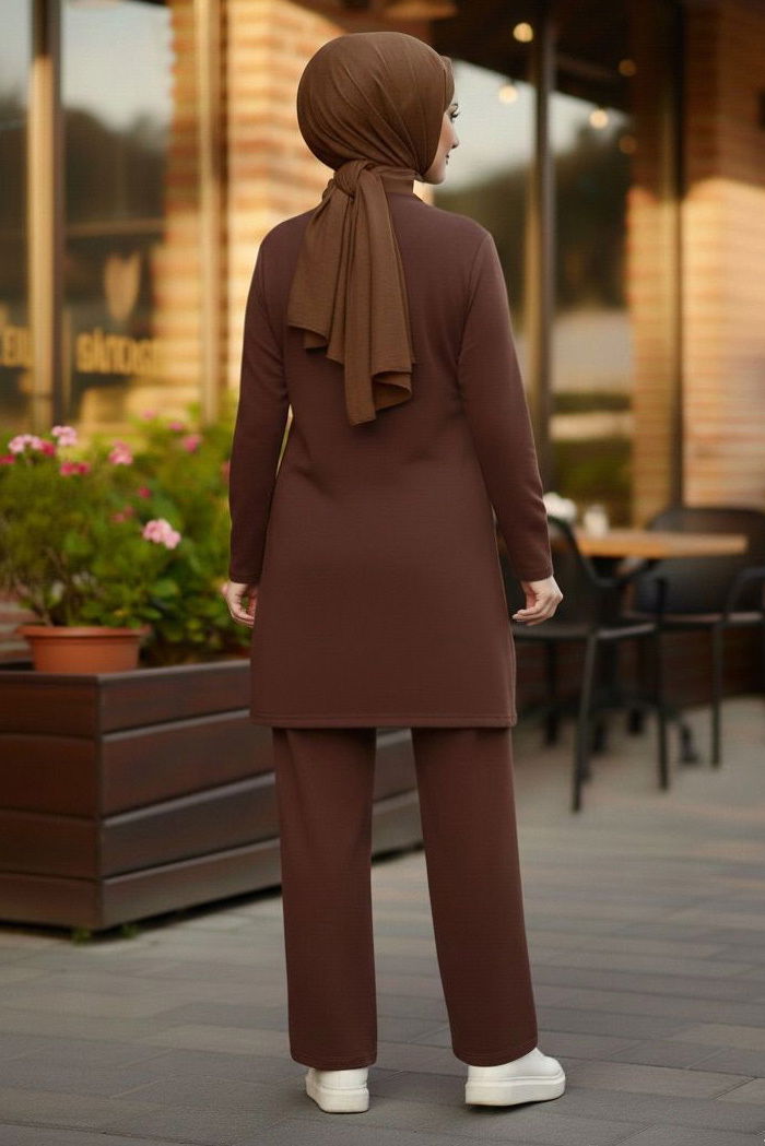 Yırtmaçlı Garnili İkili Takım - 2069-KAHVE - 3