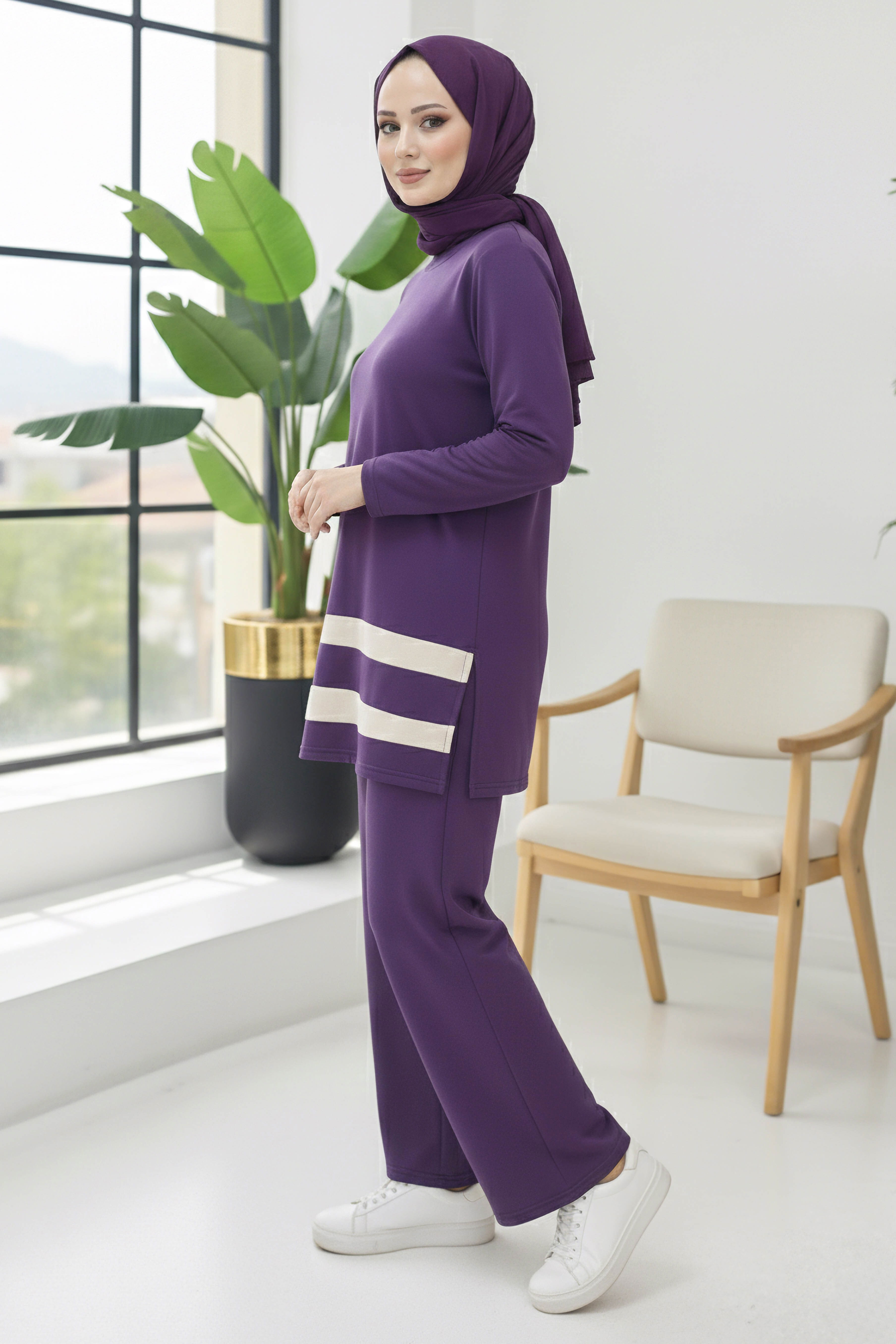 Yırtmaçlı Garnili İkili Takım - 2069-MOR - 1