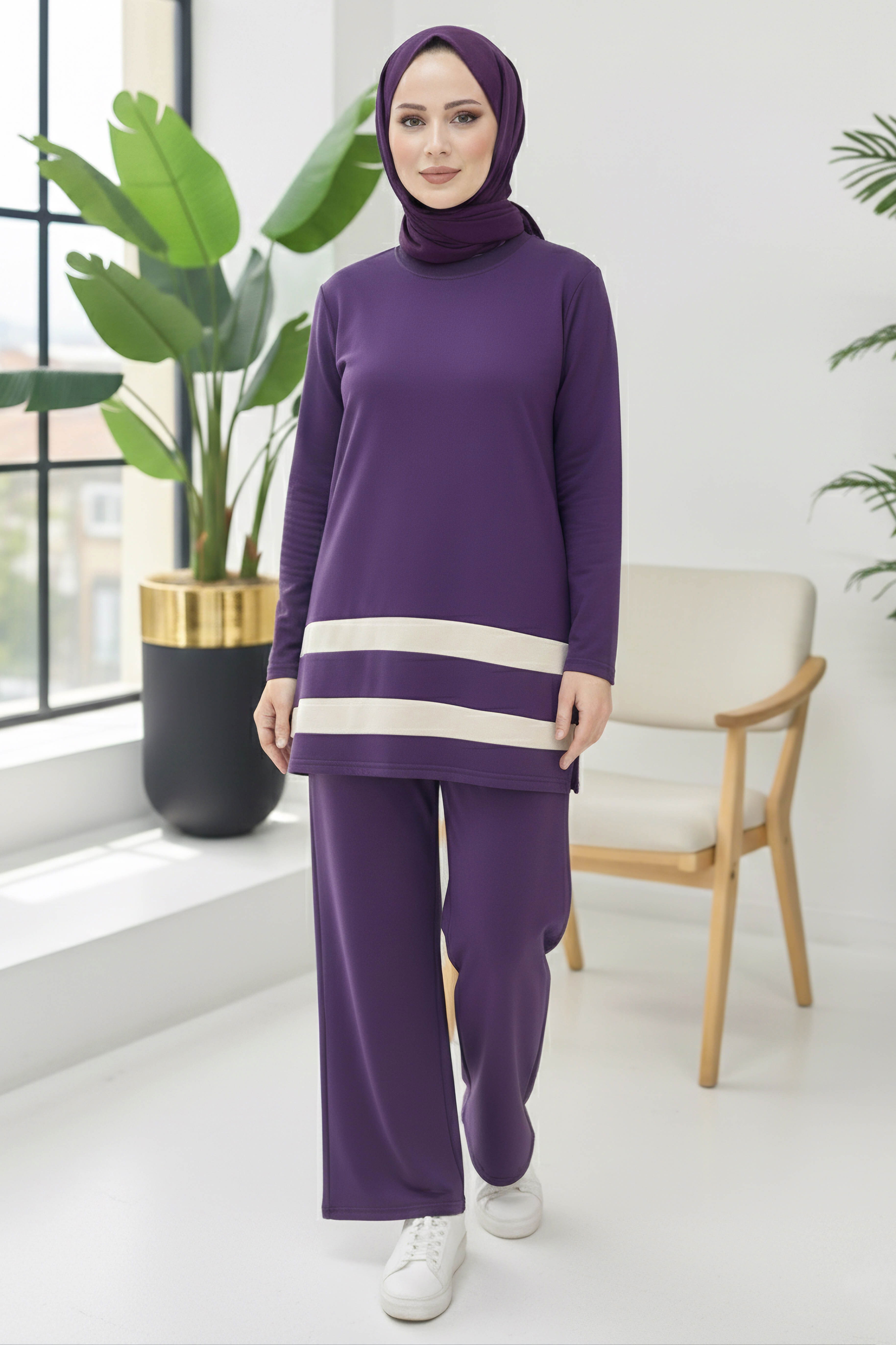 Yırtmaçlı Garnili İkili Takım - 2069-MOR - 3