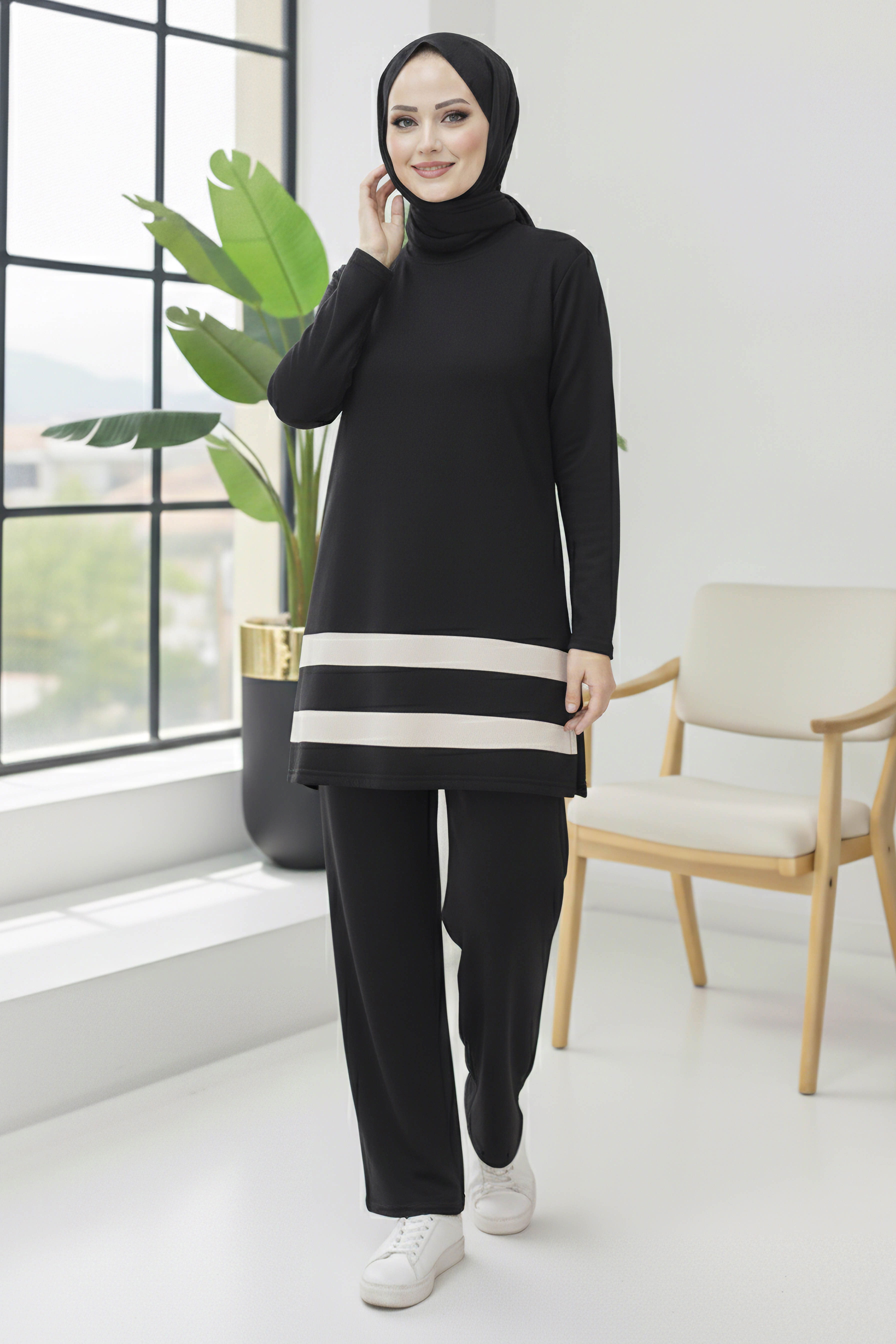 Yırtmaçlı Garnili İkili Takım - 2069-SIYAH - 1