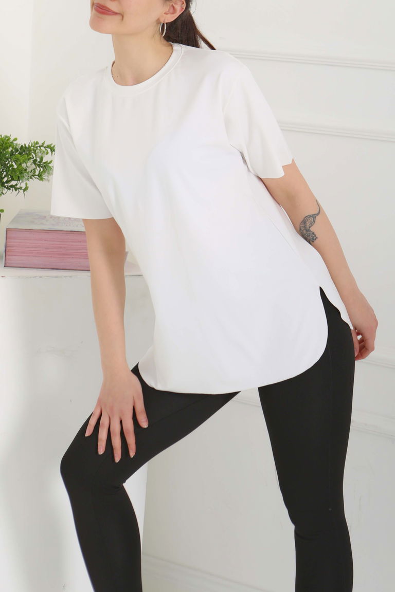 Yırtmalı Kısa Kollu T-Şhirt Beyaz - 27117 - TOFİSA