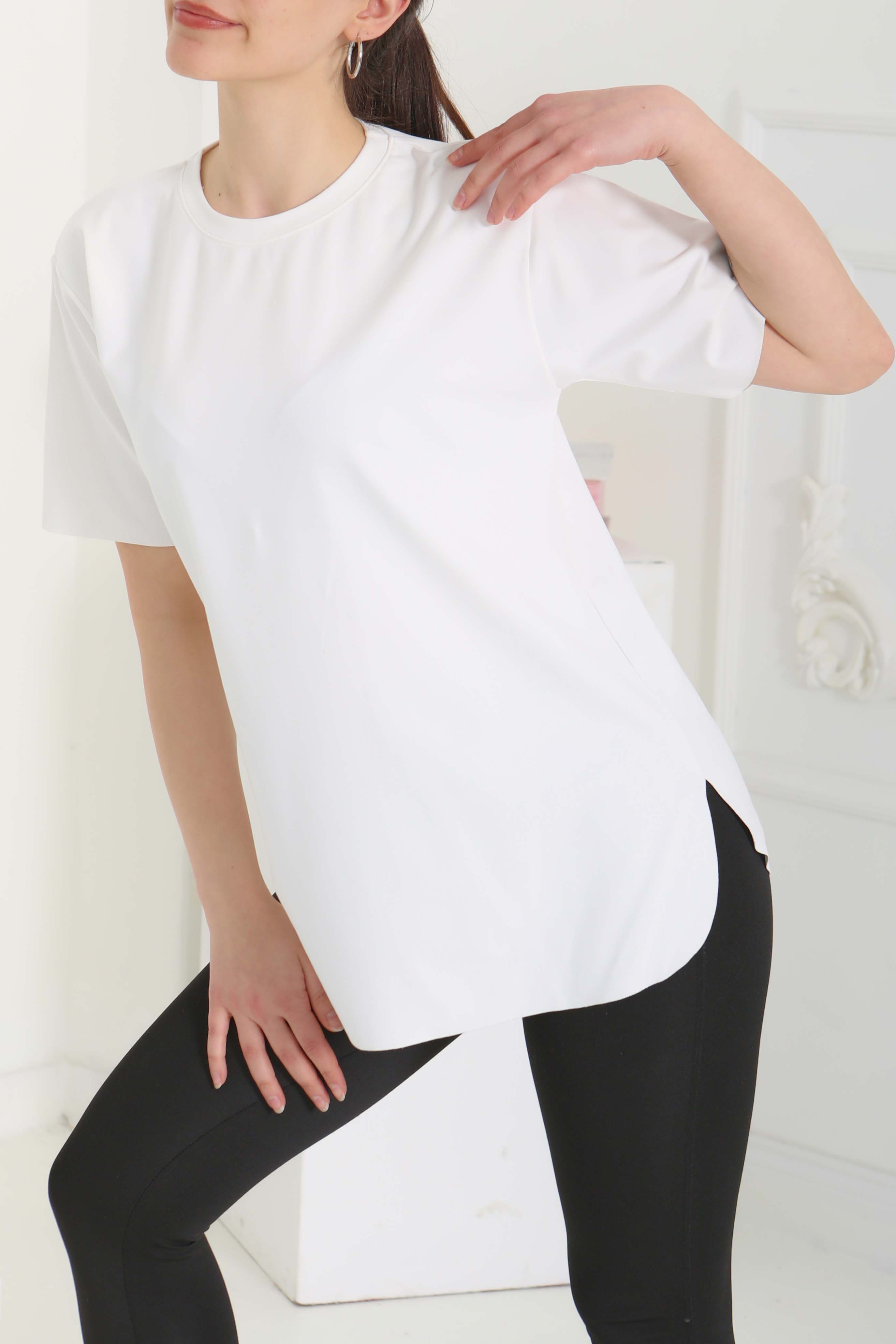 Yırtmalı Kısa Kollu T-Şhirt Beyaz - 27117 - 3