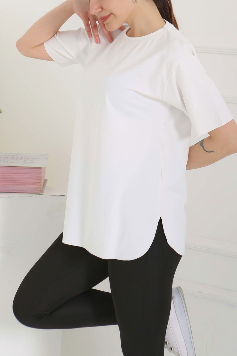 Yırtmalı Kısa Kollu T-Şhirt Beyaz - 27117 - TOFİSA