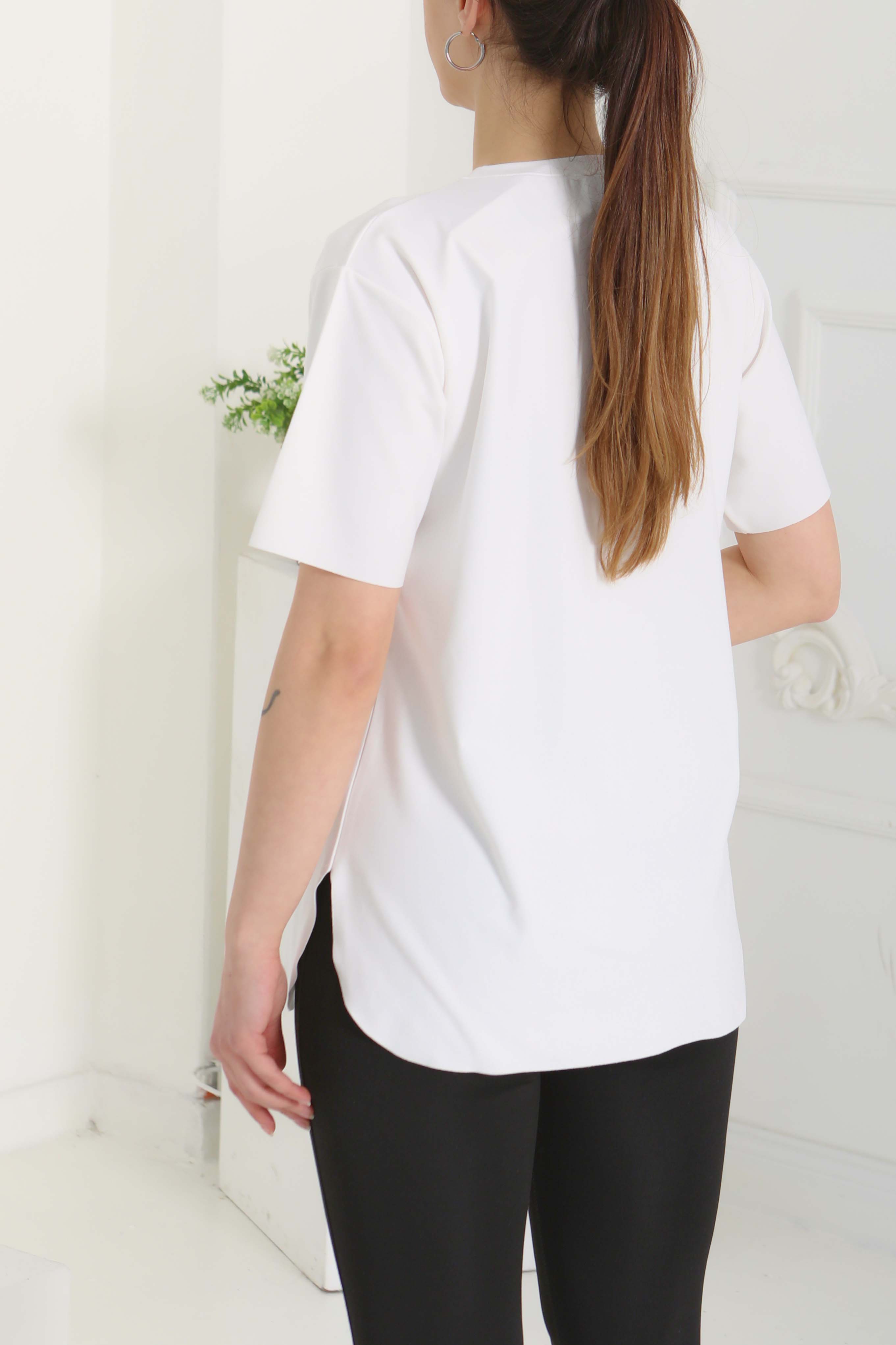 Yırtmalı Kısa Kollu T-Şhirt Beyaz - 27117 - 6