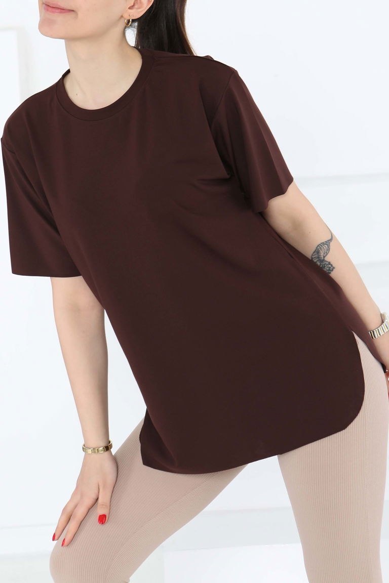 Yırtmalı Kısa Kollu T-Şhirt Kahve - 27117 - TOFİSA