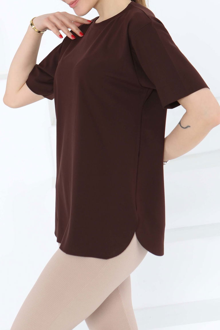 Yırtmalı Kısa Kollu T-Şhirt Kahve - 27117 - TOFİSA