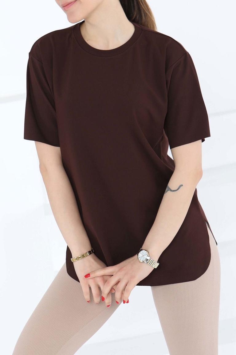 Yırtmalı Kısa Kollu T-Şhirt Kahve - 27117 - TOFİSA