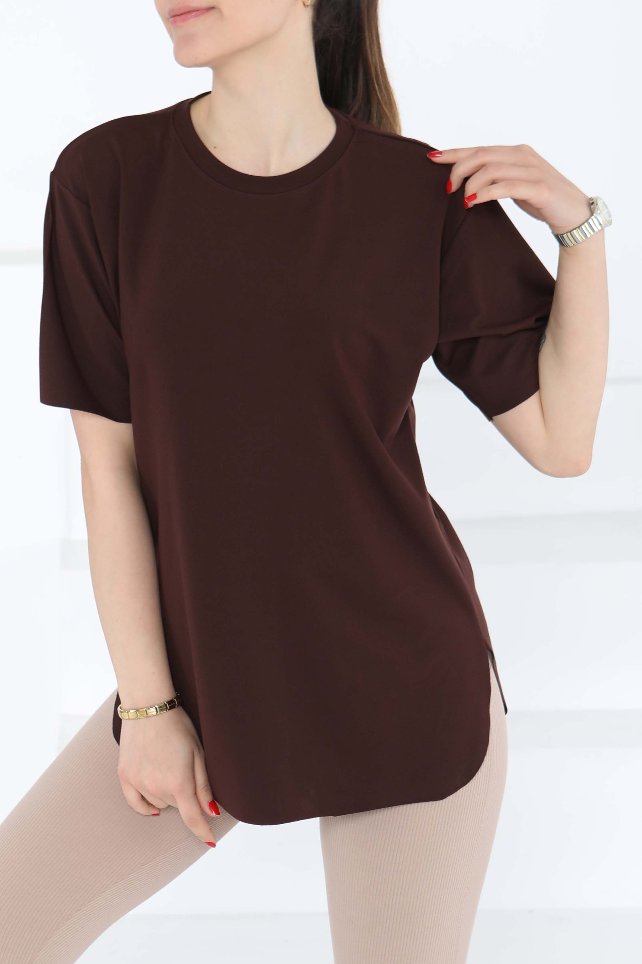 Yırtmalı Kısa Kollu T-Şhirt Kahve - 27117 - 5