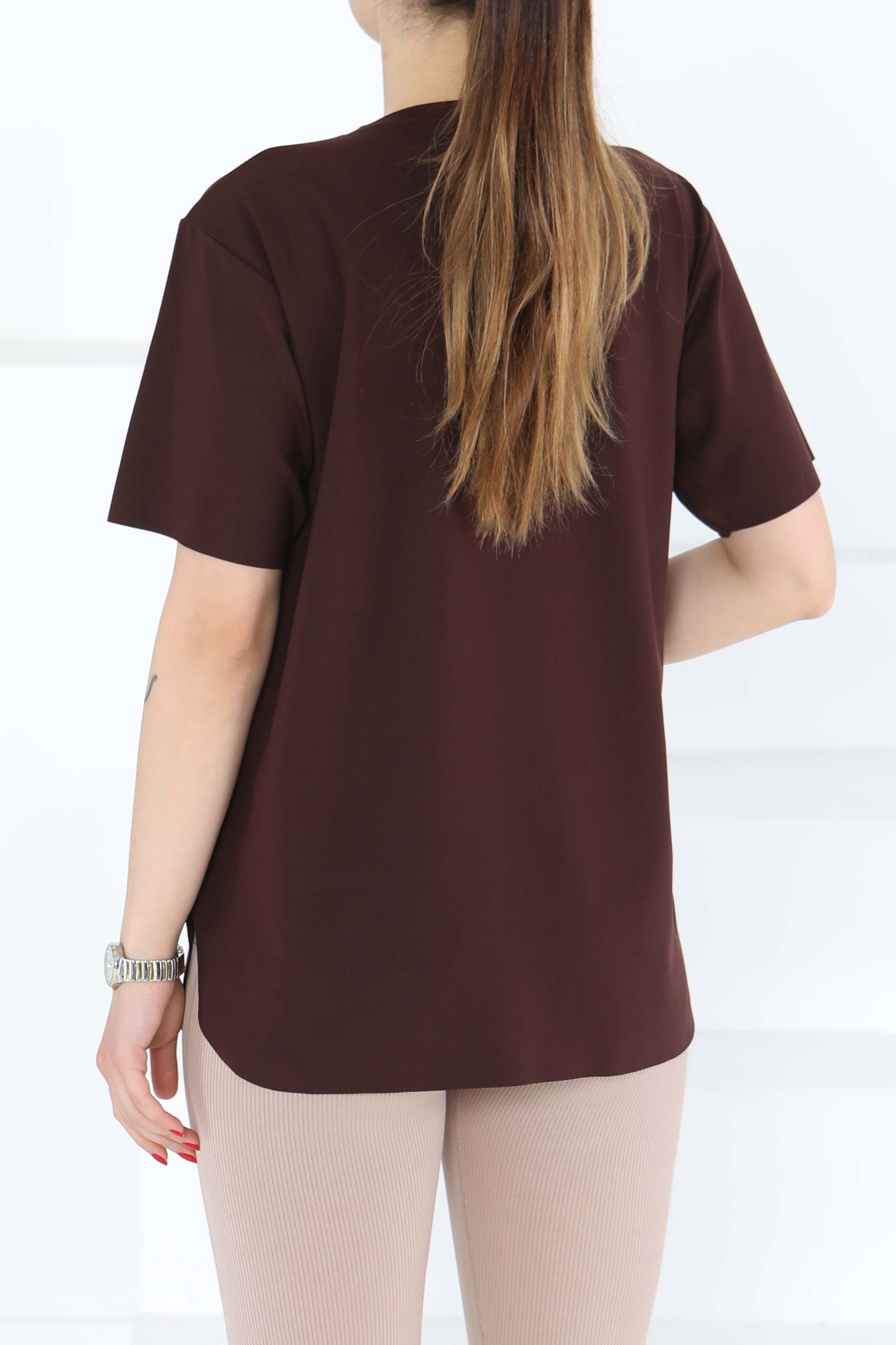 Yırtmalı Kısa Kollu T-Şhirt Kahve - 27117 - 6