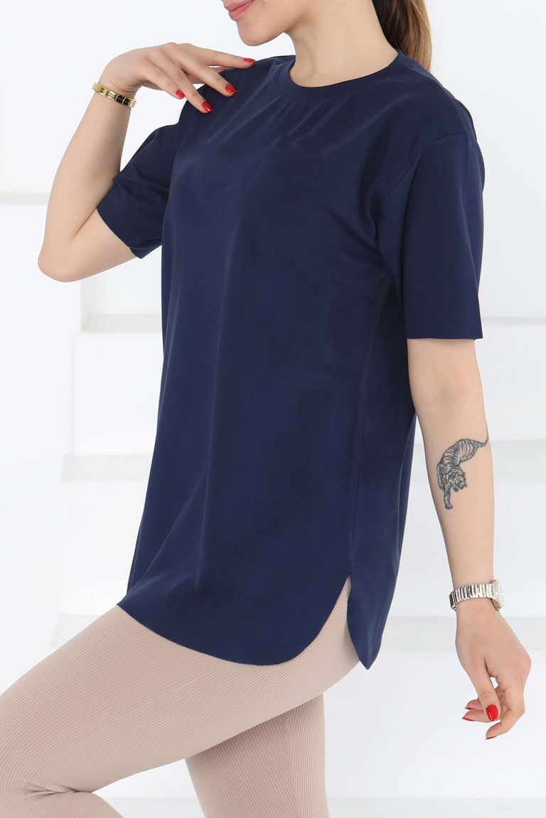 Yırtmalı Kısa Kollu T-Şhirt Lacivert - 27117 - TOFİSA