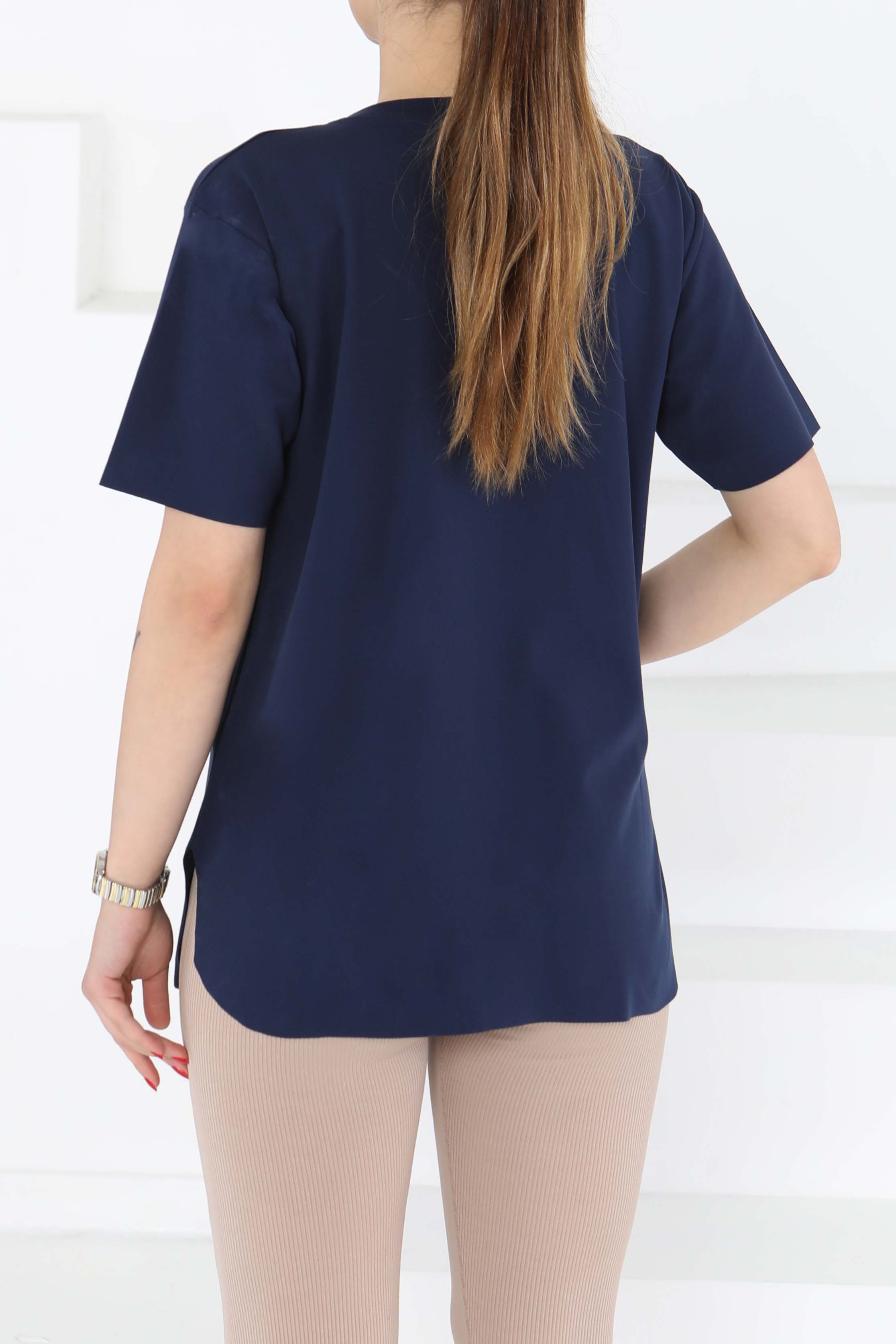 Yırtmalı Kısa Kollu T-Şhirt Lacivert - 27117 - 5