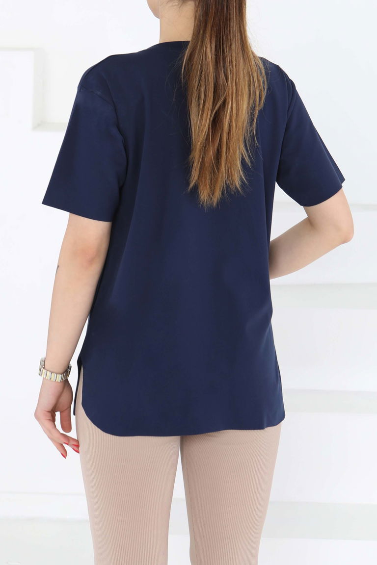 Yırtmalı Kısa Kollu T-Şhirt Lacivert - 27117 - TOFİSA