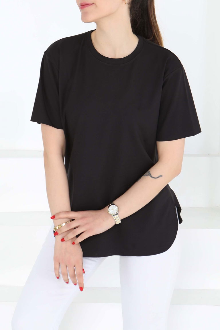 Yırtmalı Kısa Kollu T-Şhirt Siyah - 27117 - TOFİSA