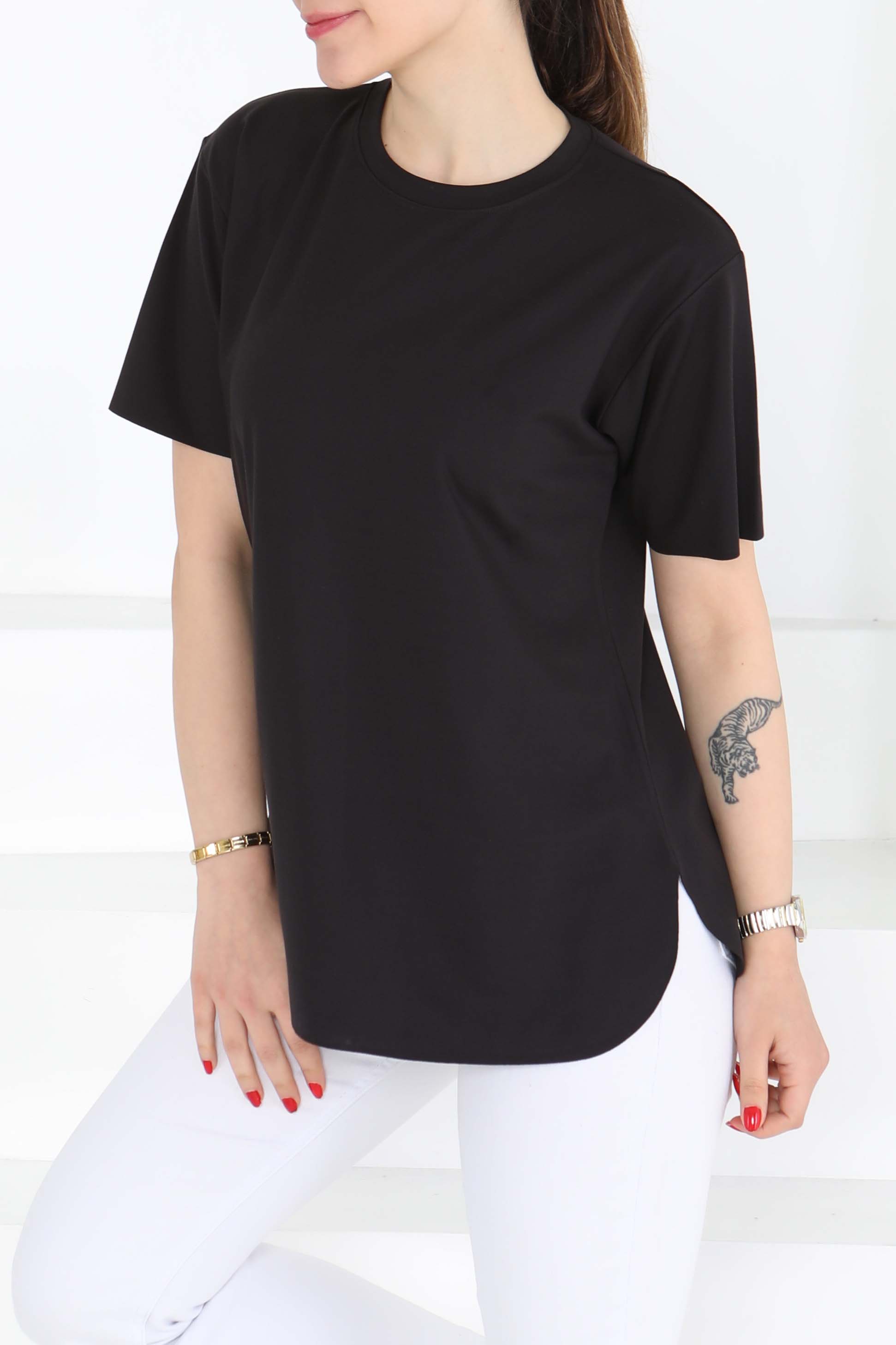 Yırtmalı Kısa Kollu T-Şhirt Siyah - 27117 - 2