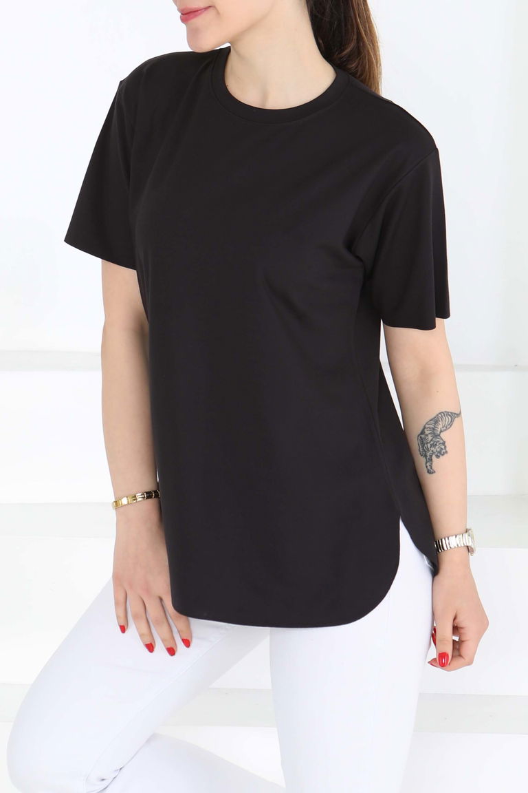 Yırtmalı Kısa Kollu T-Şhirt Siyah - 27117 - TOFİSA