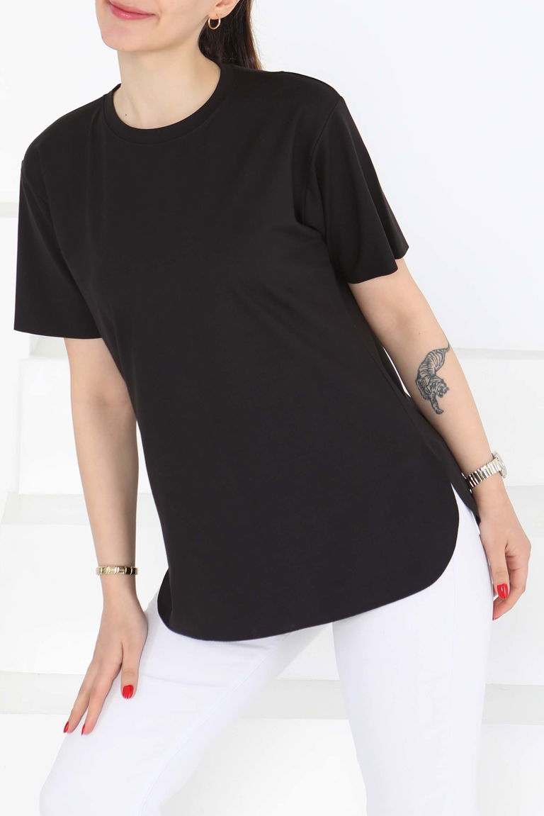 Yırtmalı Kısa Kollu T-Şhirt Siyah - 27117 - TOFİSA