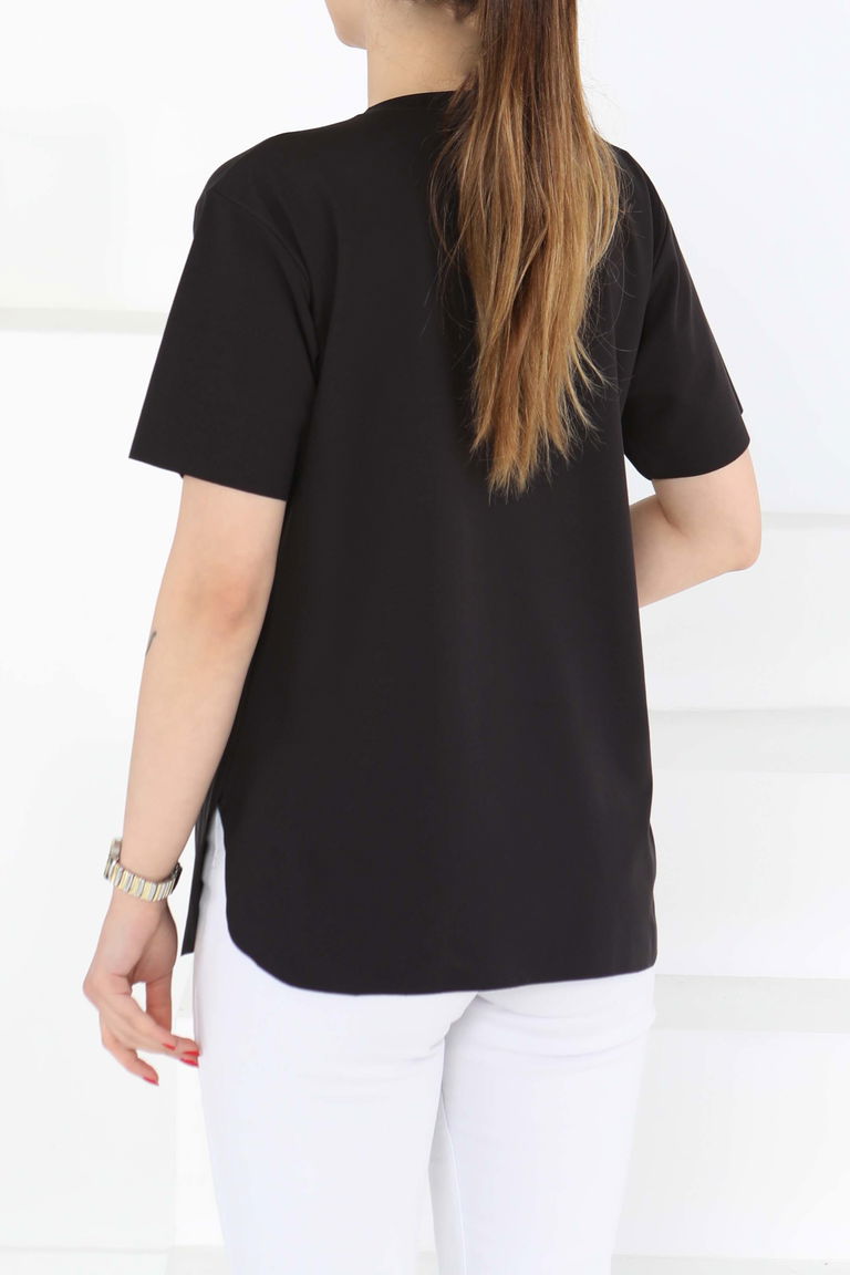 Yırtmalı Kısa Kollu T-Şhirt Siyah - 27117 - TOFİSA
