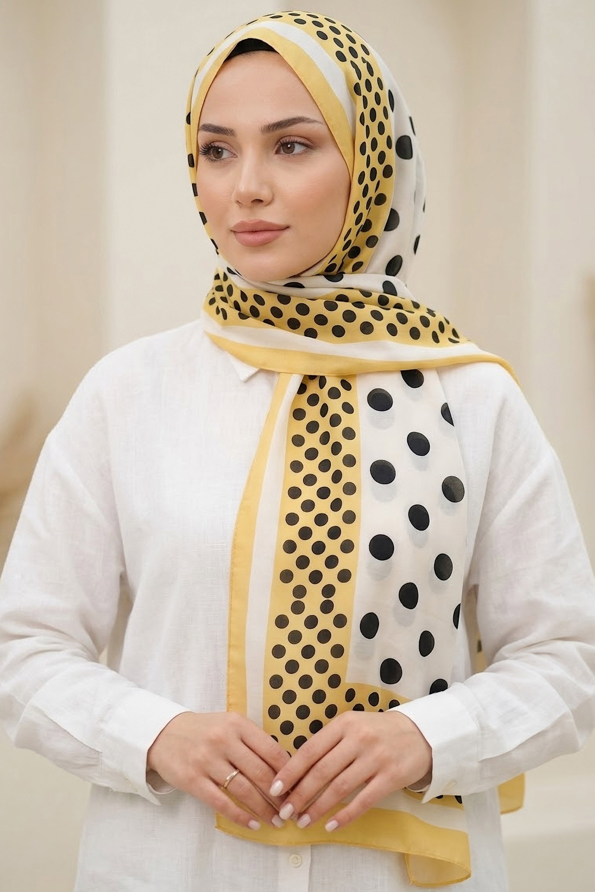 Zarif Puantiye Desen İtalyan İpek Şal Sari - 28685-SARI - 1