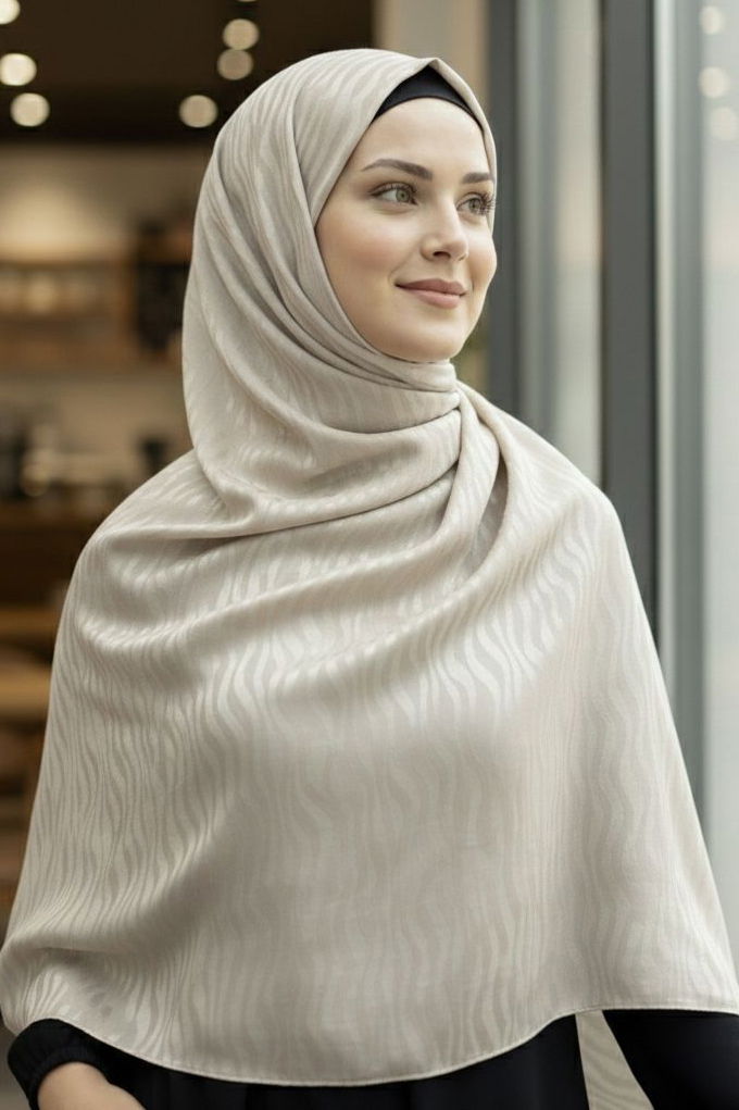 Zebra Desen Ayrobin Pamuklu Jakar Şal - 28202-BEJ - 1