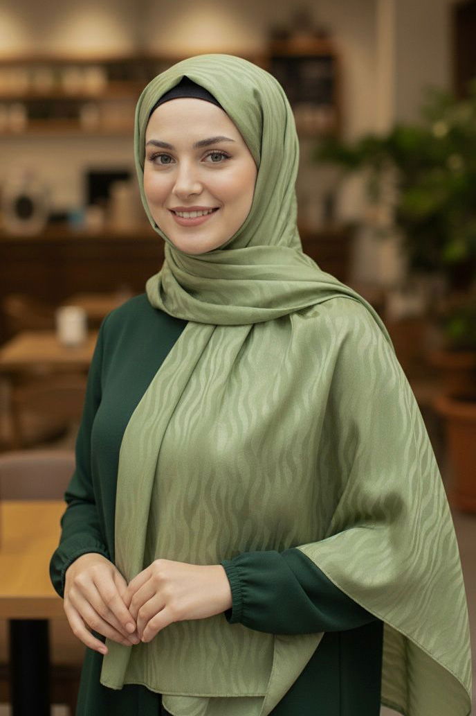 Zebra Desen Ayrobin Pamuklu Jakar Şal - 28202-HAKI - TOFİSA