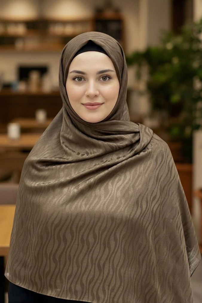 Zebra Desen Ayrobin Pamuklu Jakar Şal - 28202-KAHVE - TOFİSA