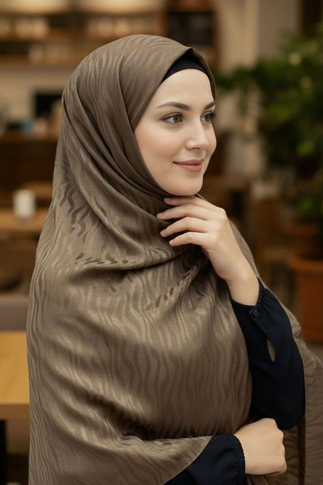 Zebra Desen Ayrobin Pamuklu Jakar Şal - 28202-KAHVE - TOFİSA