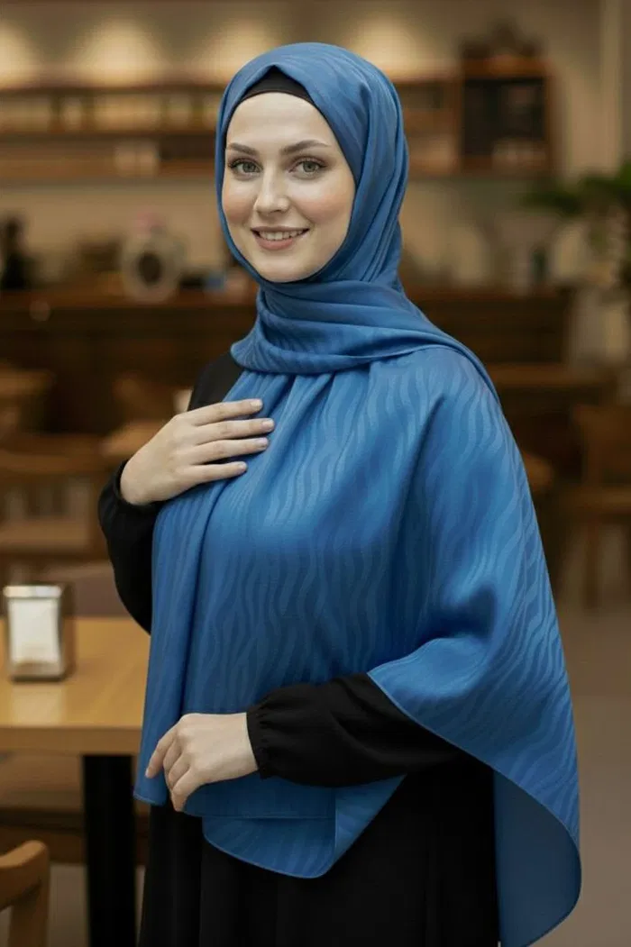 Zebra Desen Ayrobin Pamuklu Jakar Şal - 28202-LACIVERT - 1