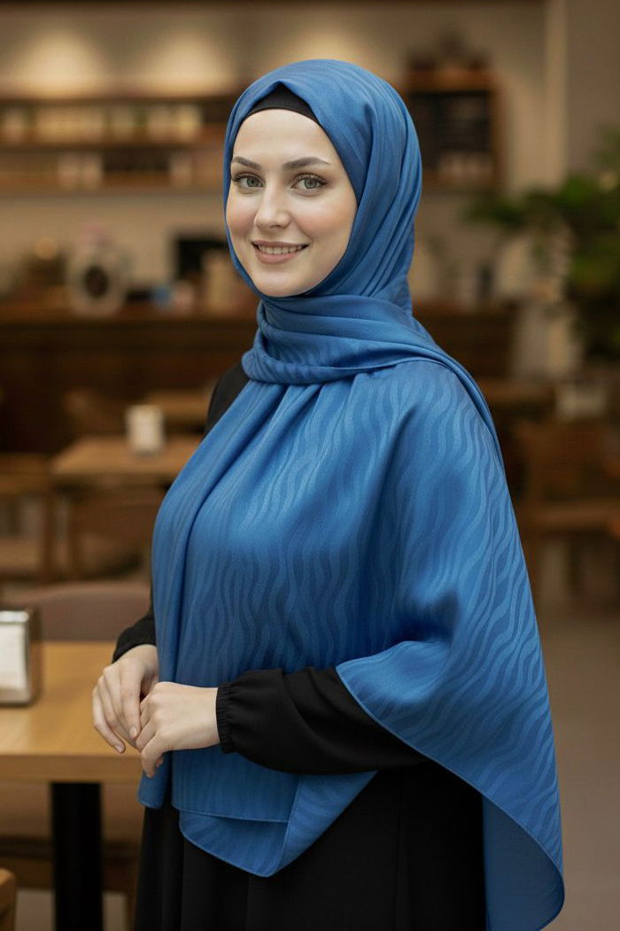 Zebra Desen Ayrobin Pamuklu Jakar Şal - 28202-LACIVERT - TOFİSA