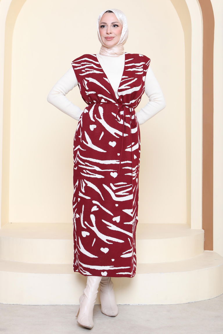 Zebra Desenli Bluz Elbise Triko İkili Takım - 27930-BORDO - TOFİSA