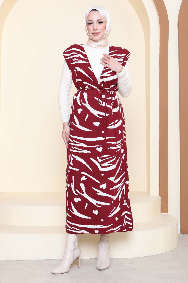 Zebra Desenli Bluz Elbise Triko İkili Takım - 27930-BORDO - TOFİSA