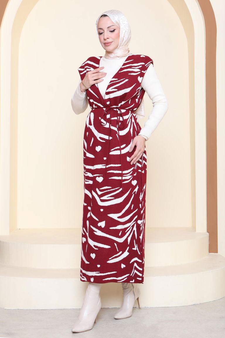 Zebra Desenli Bluz Elbise Triko İkili Takım - 27930-BORDO - TOFİSA
