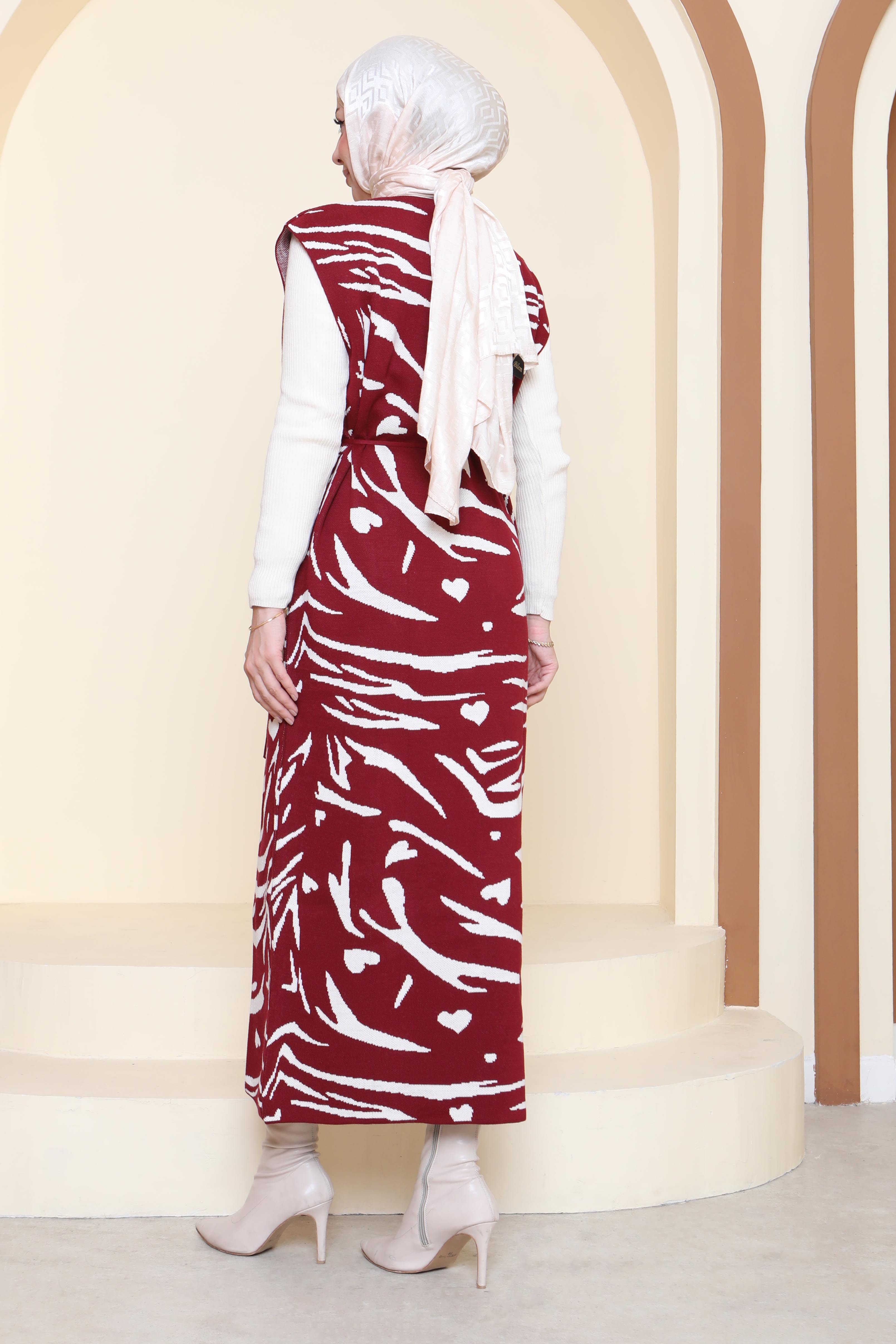 Zebra Desenli Bluz Elbise Triko İkili Takım - 27930-BORDO - 6