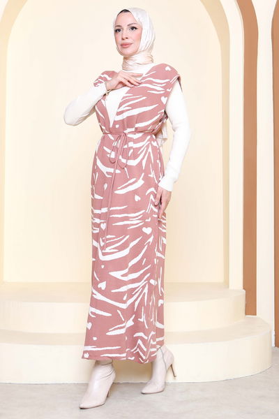 Zebra Desenli Bluz Elbise Triko İkili Takım - 27930-GUL-KURUSU 