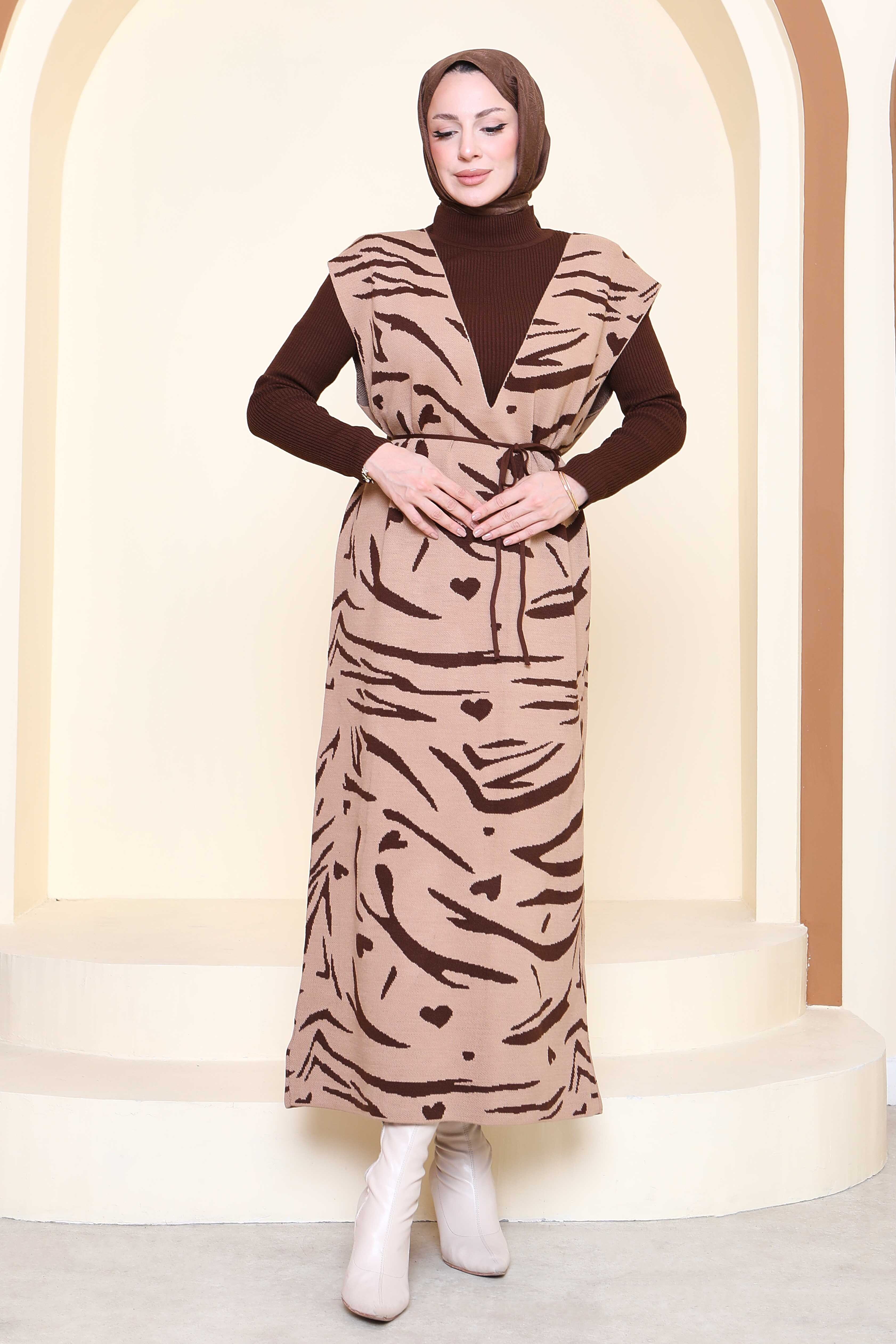 Zebra Desenli Bluz Elbise Triko İkili Takım - 27930-KAHVE - 2