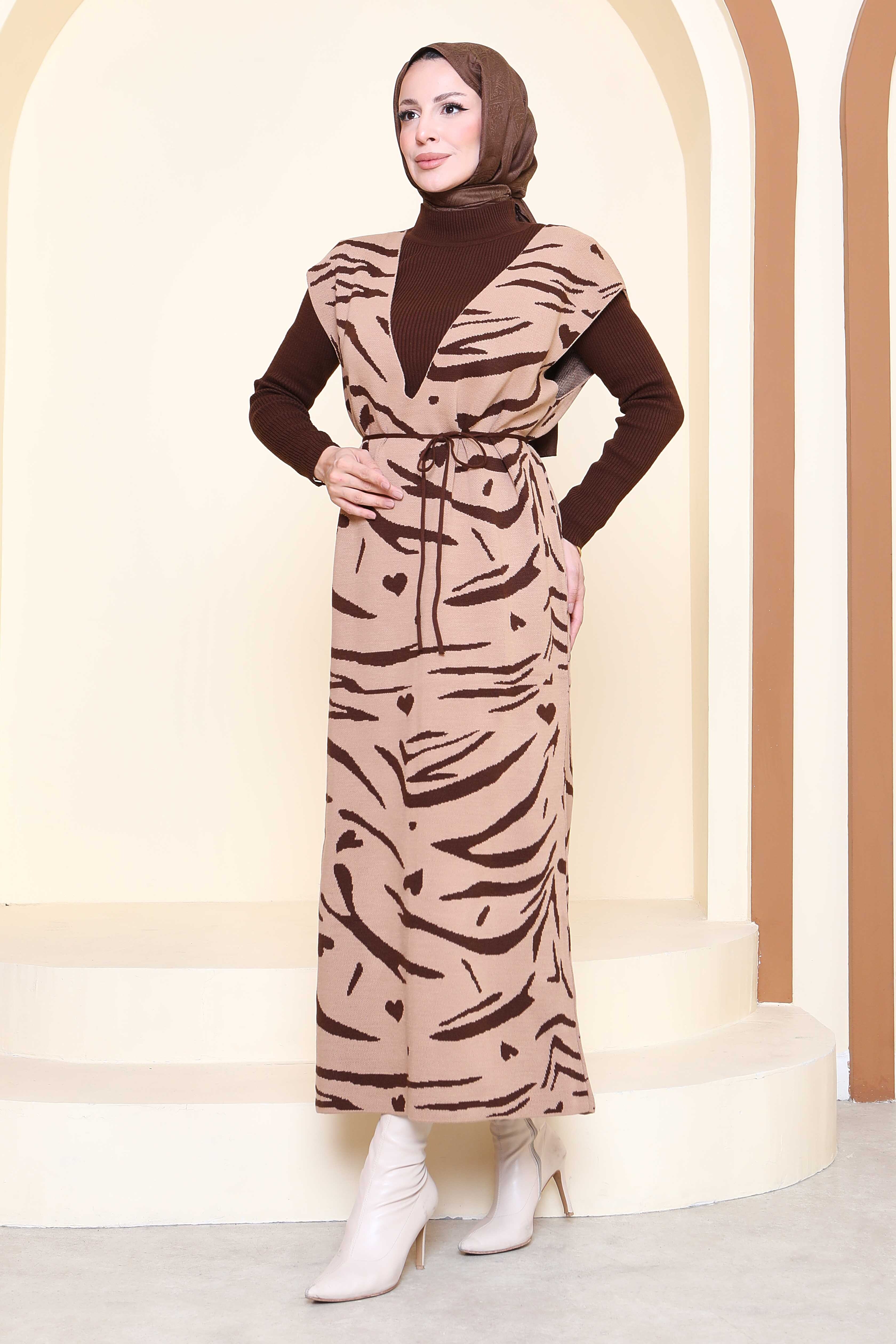 Zebra Desenli Bluz Elbise Triko İkili Takım - 27930-KAHVE - 3