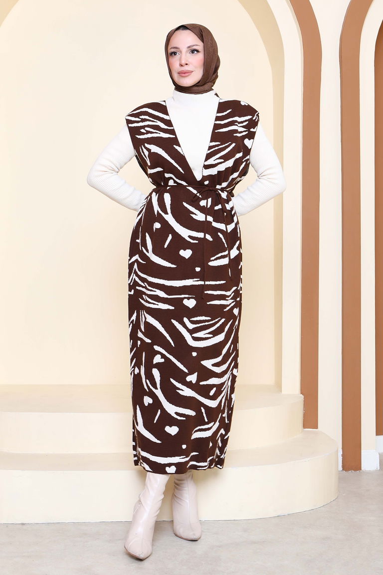 Zebra Desenli Bluz Elbise Triko İkili Takım - 27930-KAHVE - TOFİSA