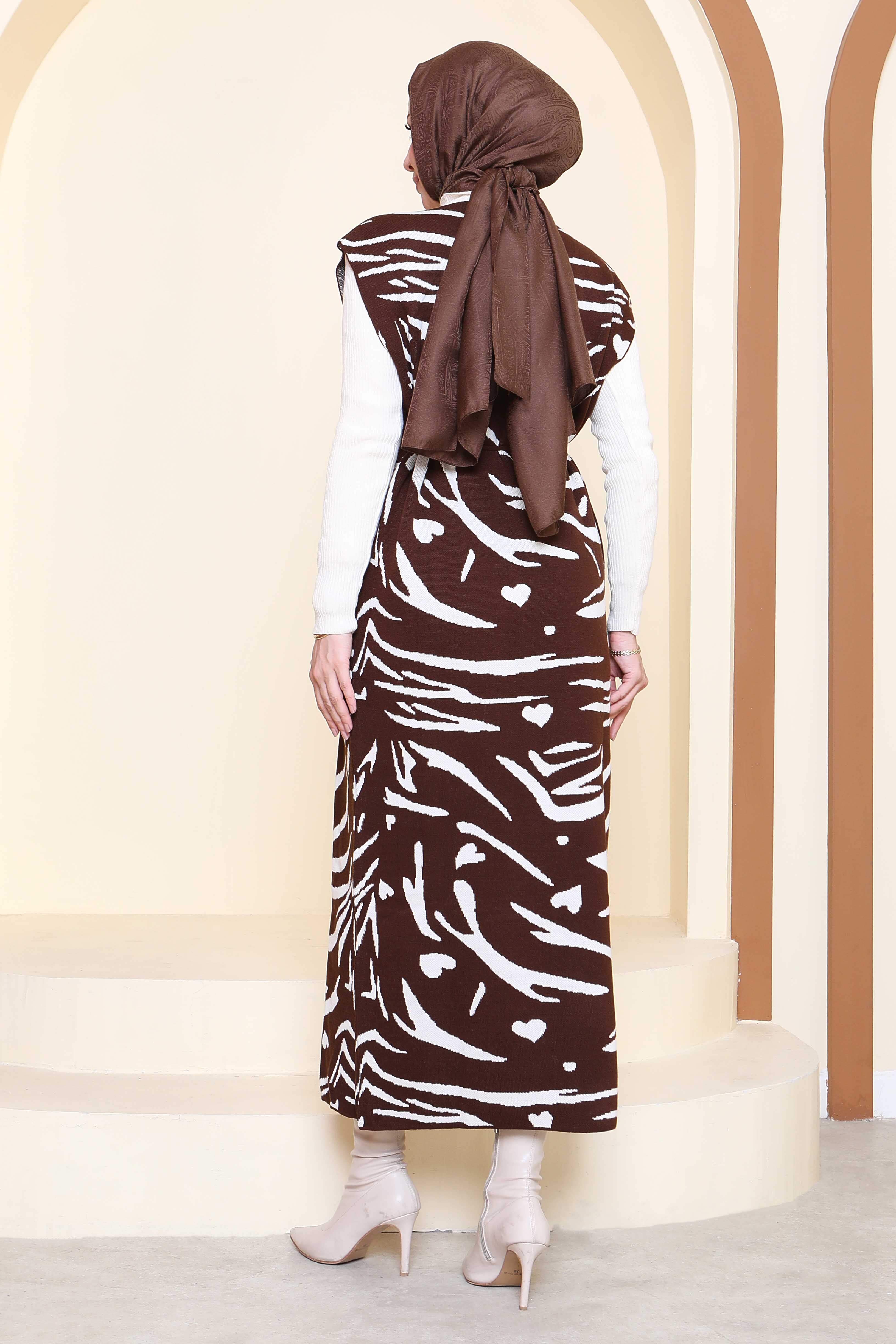 Zebra Desenli Bluz Elbise Triko İkili Takım - 27930-KAHVE - 6