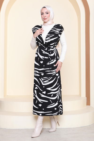 Zebra Desenli Bluz Elbise Triko İkili Takım - 27930-SIYAH 