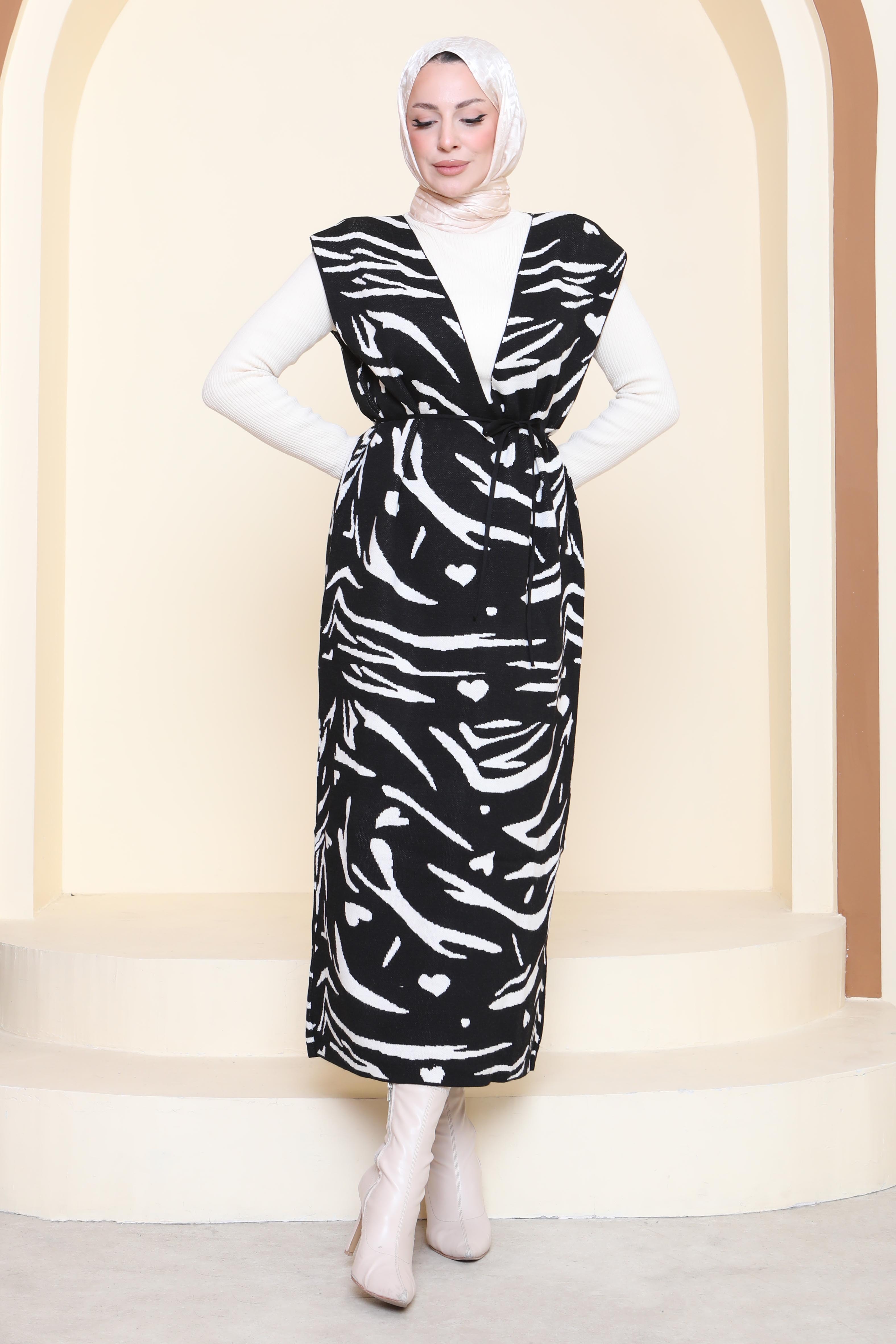 Zebra Desenli Bluz Elbise Triko İkili Takım - 27930-SIYAH - 3