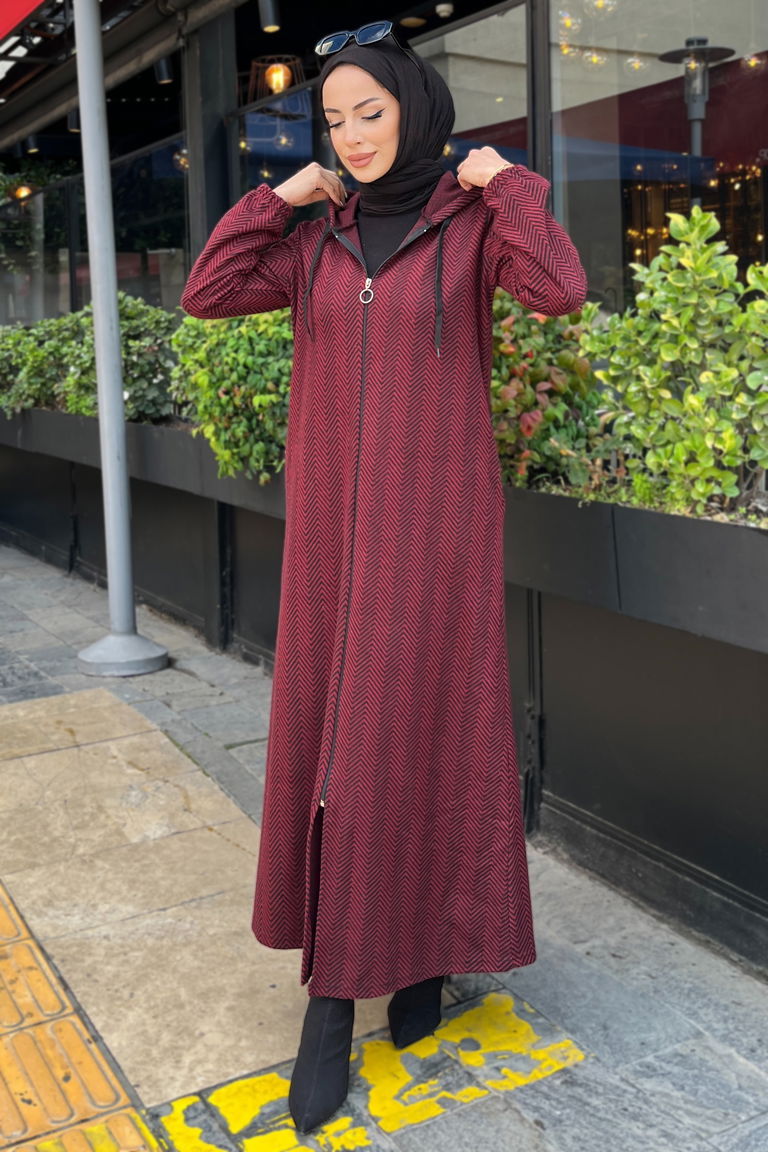 Zikzak Desenli Fermuarlı Jakar Kap - 27813-BORDO - TOFİSA