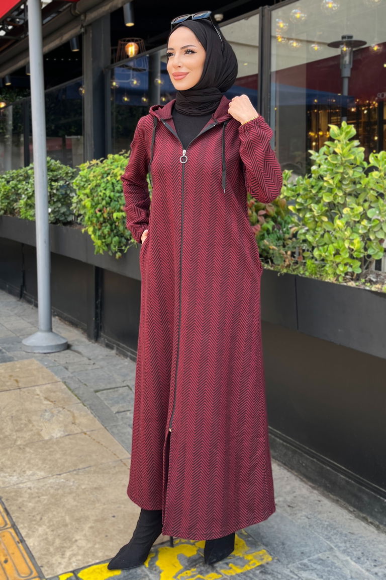 Zikzak Desenli Fermuarlı Jakar Kap - 27813-BORDO - TOFİSA