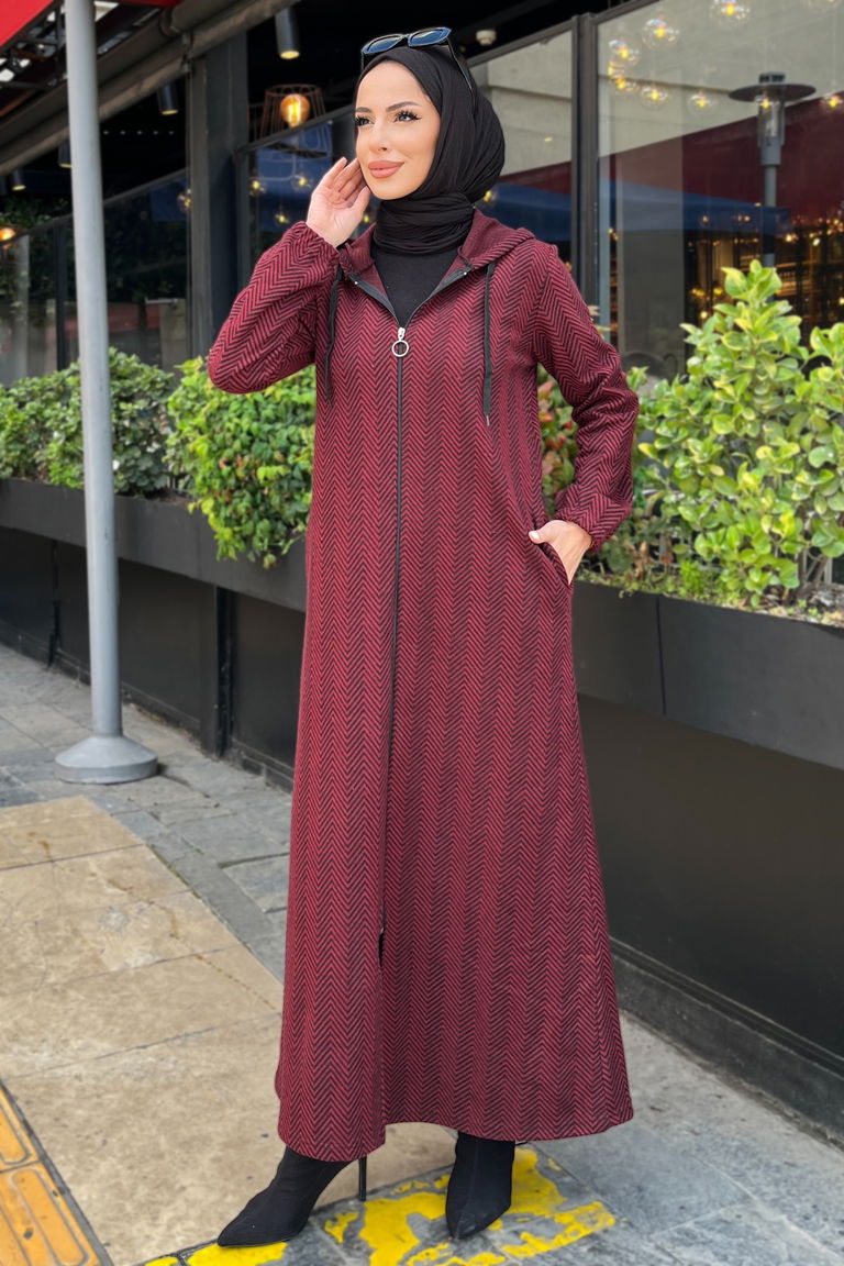 Zikzak Desenli Fermuarlı Jakar Kap - 27813-BORDO - TOFİSA