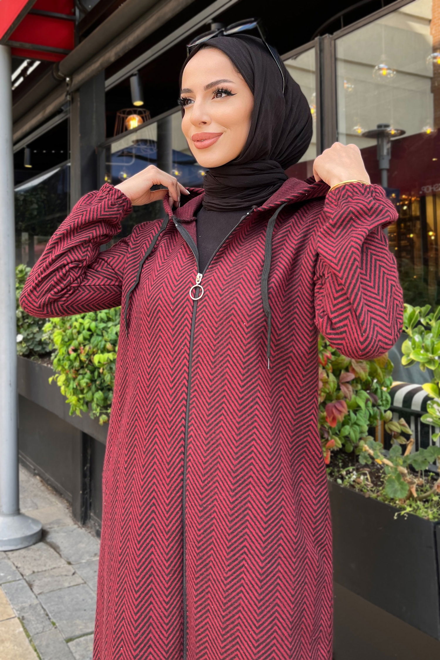 Zikzak Desenli Fermuarlı Jakar Kap - 27813-BORDO - 4