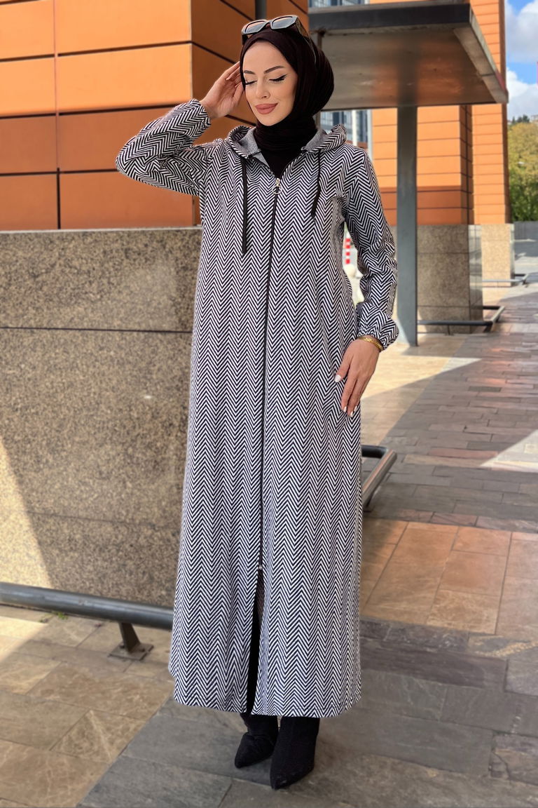 Zikzak Desenli Fermuarlı Jakar Kap - 27813-GRI - TOFİSA