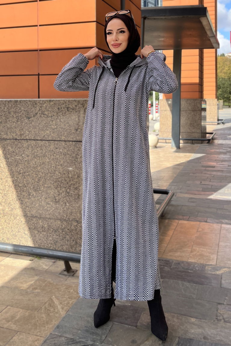 Zikzak Desenli Fermuarlı Jakar Kap - 27813-GRI - TOFİSA