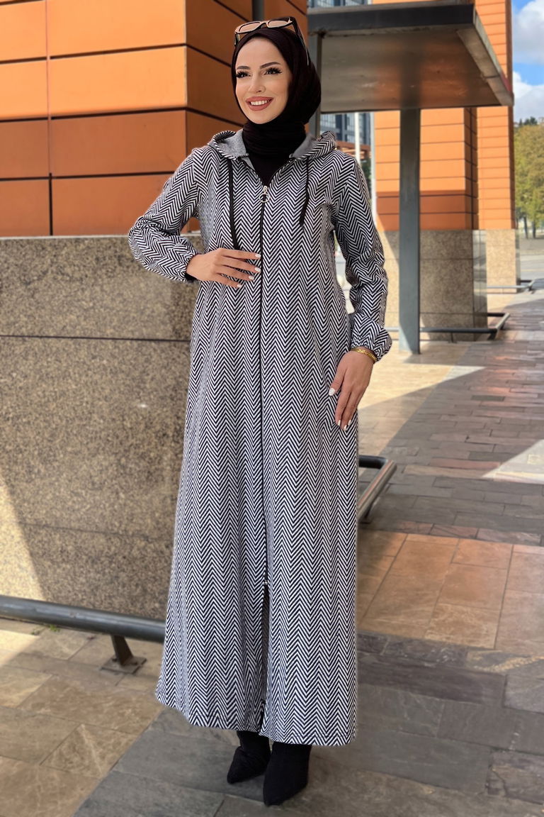 Zikzak Desenli Fermuarlı Jakar Kap - 27813-GRI - TOFİSA